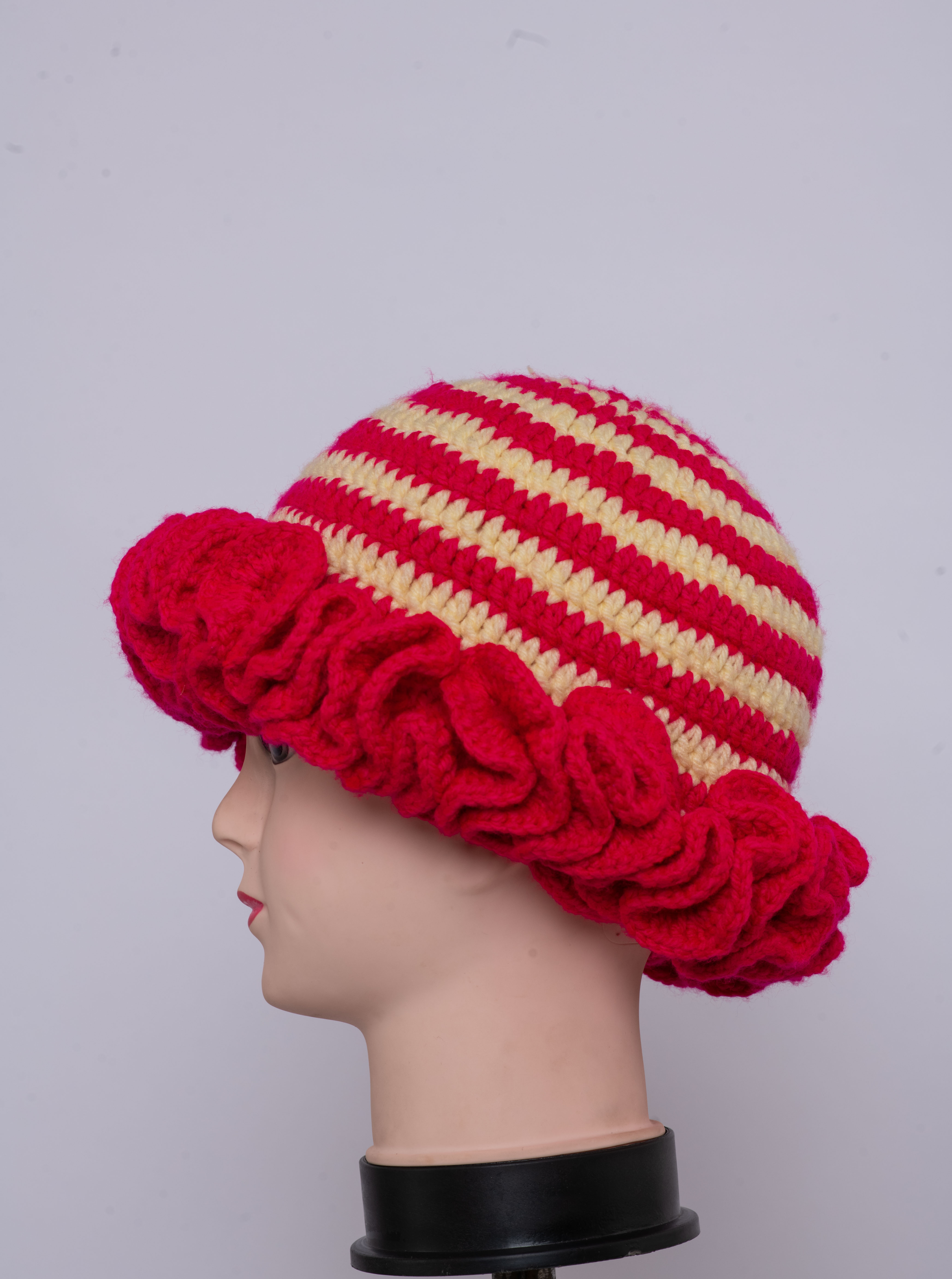 Azure Merchants Women's Hot Pink Creamy Yellow Ruffled Crochet Bucket Hat, Handmade Acrylic, One Size